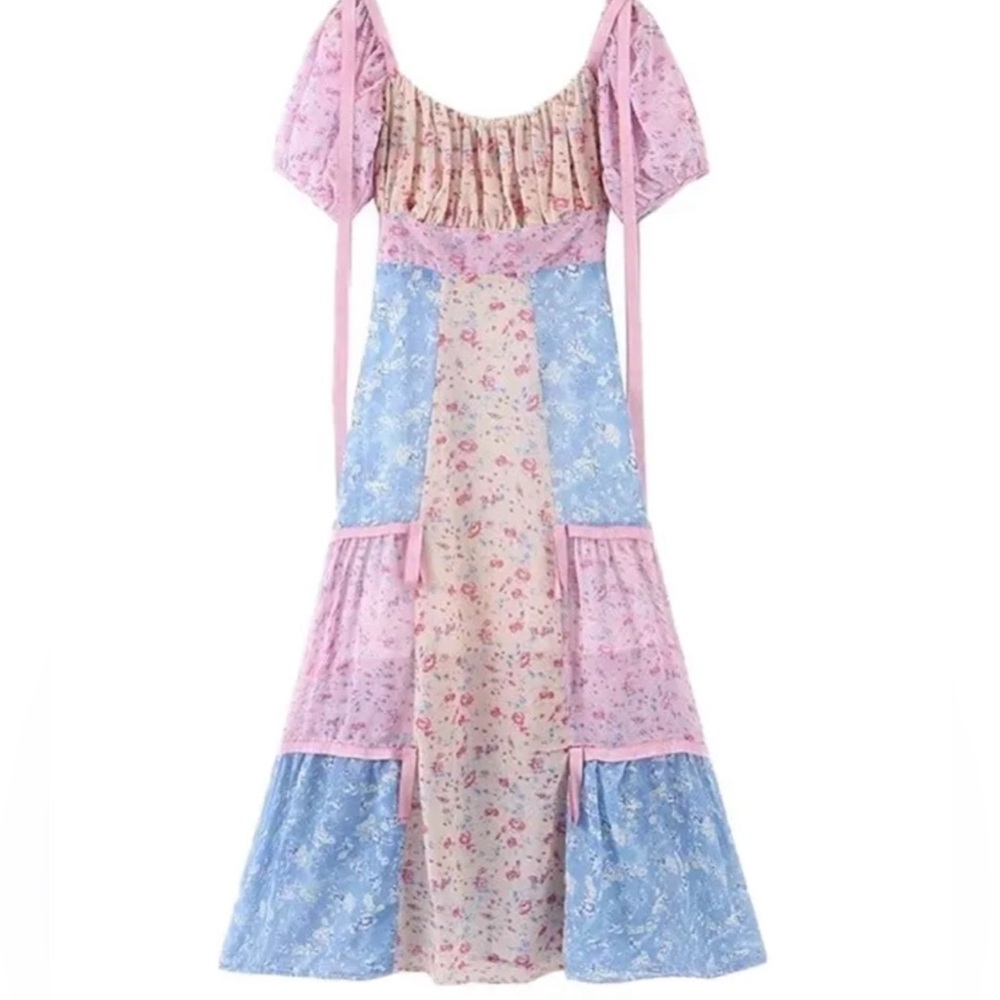 Yvonne & Love rose jaune bleu fleurs manches bouffantes maxi boho (taille M) - Picture 4 of 17